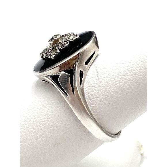 925 Marsala Ring Sterling Silver Vintage Estate Black Oval Glass Marcasites 7.5 - Picture 11 of 13